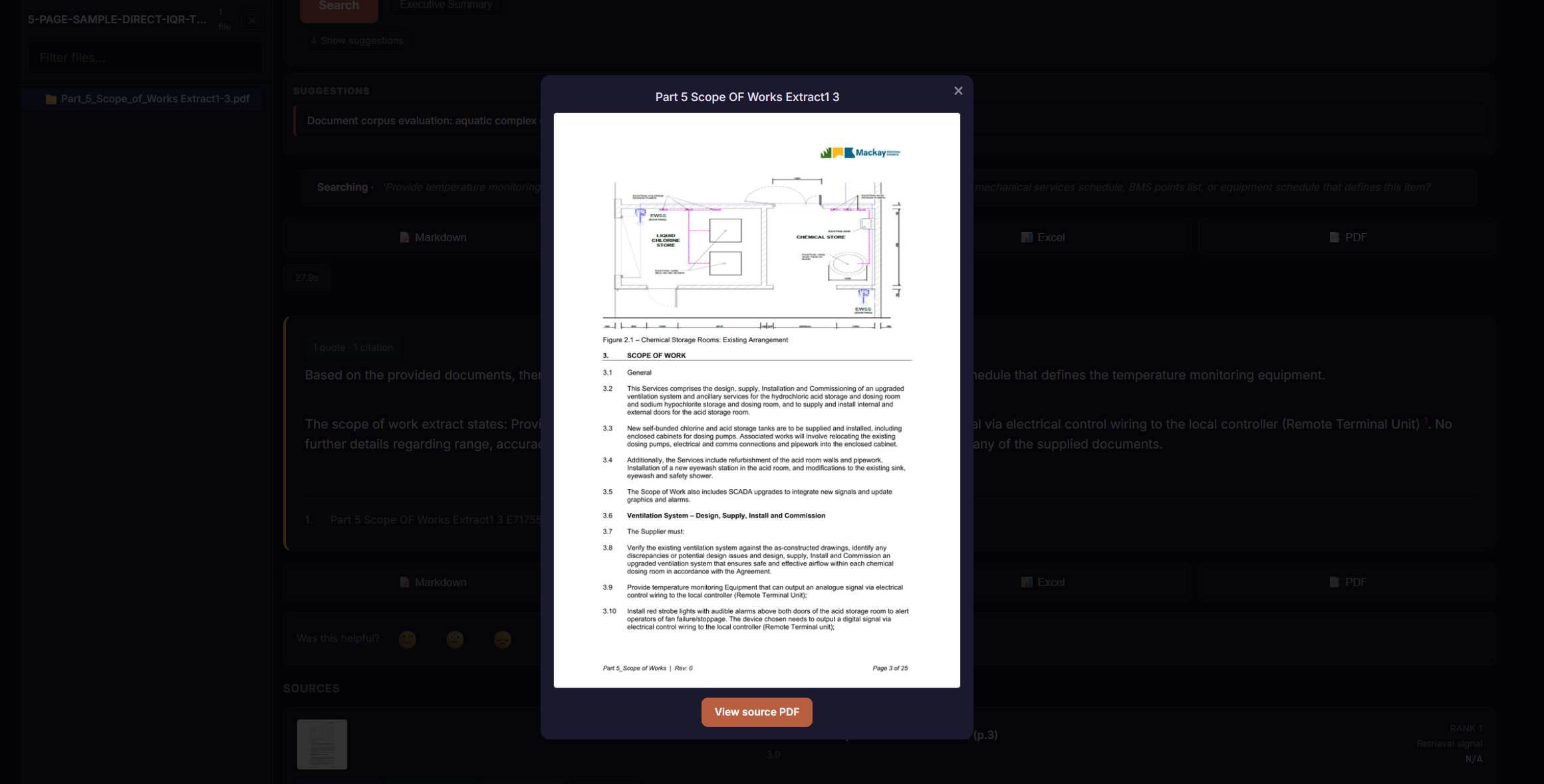 A cited source page opened beside a Coretender answer
